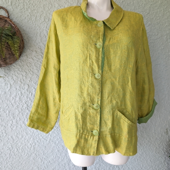 Flax Green Yellow Linen Button Down Shirt size L - Picture 2 of 7